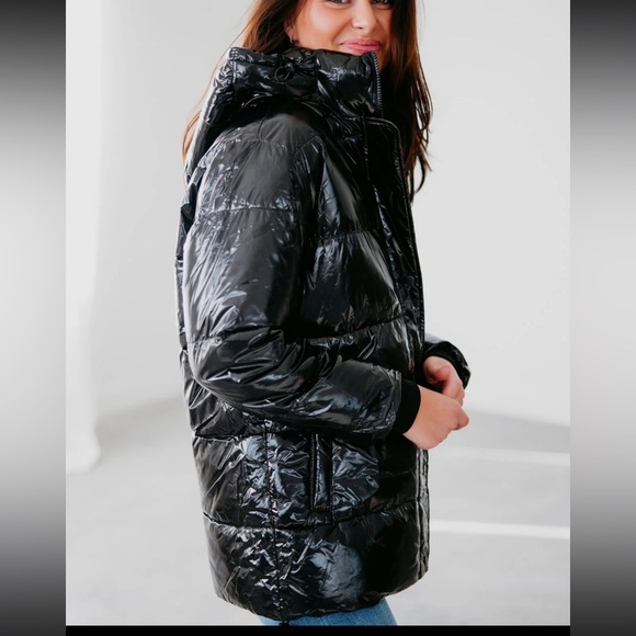 Mono B Faux Leather Jacket Size Large Black Puffer High Neckline Removable Hood - Picture 2 of 13